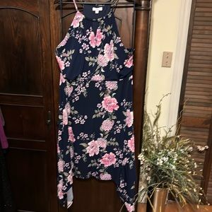 Navy and pink floral handkerchief hem dress